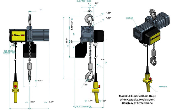 Rendering of hoist with dimensions - Street Crane Model LX Electric Chain Hoist - 1 Ton capacity with hook mount - courtesy of Street Crane Co. Ltd