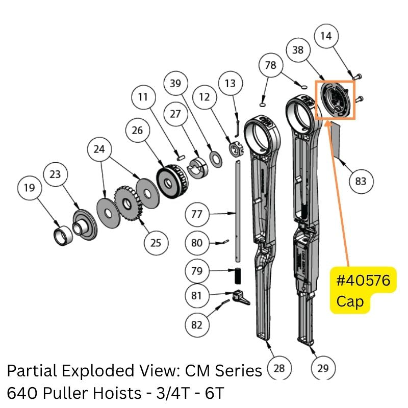 Partial Exploded View - CM Series 640 Puller Hoists - including models from 3/4 Ton to 6 Tons. In highlight, part #45076 Cap