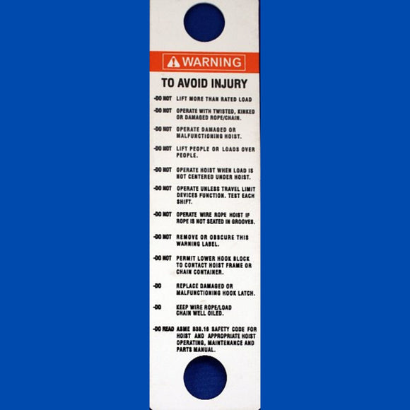 81704 CM Hoist Warning Tag 626-99