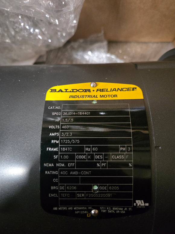 Baldor Electric Motor (Leftover) - 1.5 / 0.5 HP - 3 Phase