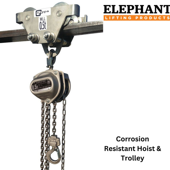 Hoist and trolley with built-in corrosion resistance for use outdoors or in harsh environments, a quality imported product by Elephant Lifting