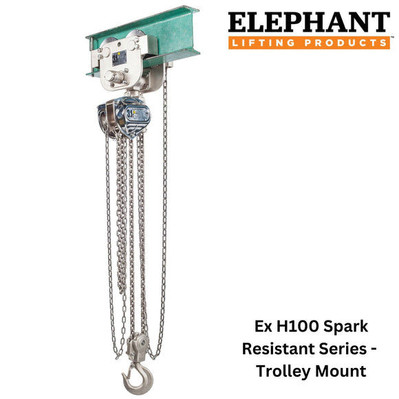 Trolley-Mounted Spark Resistant Hand Chain Hoist by Elephant Lifting Products for industrial hazardous location environments.