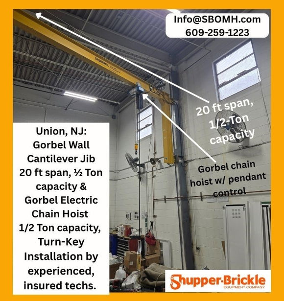 Wall Cantilever Jib Crane with 20 foot span and 1/2 Ton Capacity, manufactured by Gorbel, installed with a Gorbel Electric Chain hoist, also 1/2 Ton Capacity. Contact us for turn key installation.