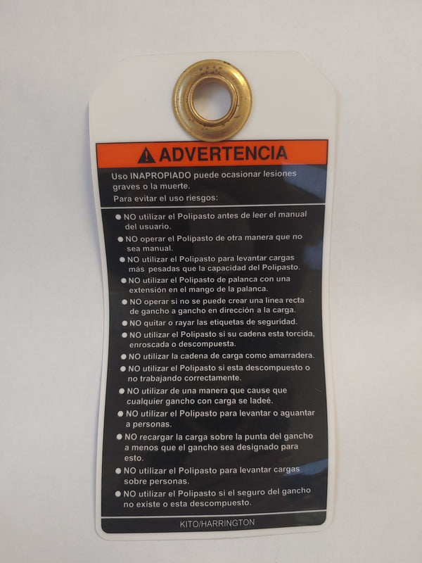 80146 Harrington Warning Tag - Manual Hoists - Bilingual