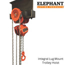 Lug Mount Trolley + Hoist combo unit by Elephant Lifting Products, a quality imported model stocked in Gonzalez, Louisiana for easy shipping.