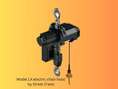 Model LX Electric Chain Hoist by Street Crane, shown with Hook mounting, chain container and pushbutton pendant.