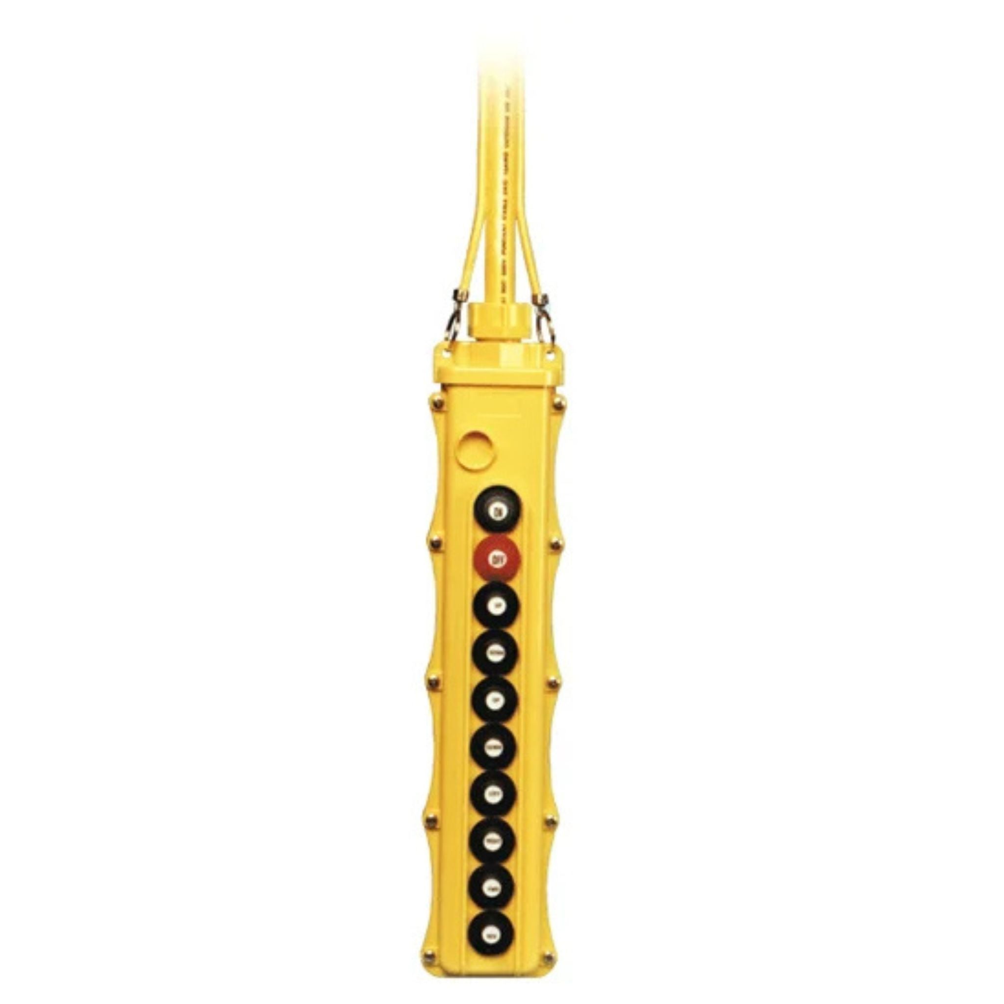 Pushbutton Station for controlling overhead cranes and lifting systems, shown with a 10 button configuration. SBP2 by Magnetek brand controls. Magnetek is part of the Columbus McKinnon family of brands.