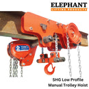 Low Profile model SHG Manual Trolley Hoist by Elephant Lifting Products for industrial grade lifting in a low profile application.