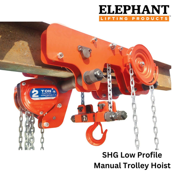 Low Profile model SHG Manual Trolley Hoist by Elephant Lifting Products for industrial grade lifting in a low profile application.