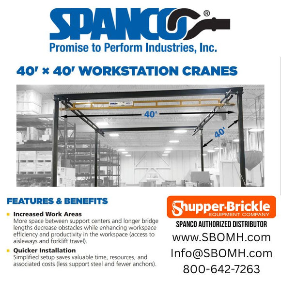Spanco Workstation Crane: 40' x 40" for freestanding unit for maximized work area. Contact Shupper-Brickle Equipment, your authorized Spanco distributor.