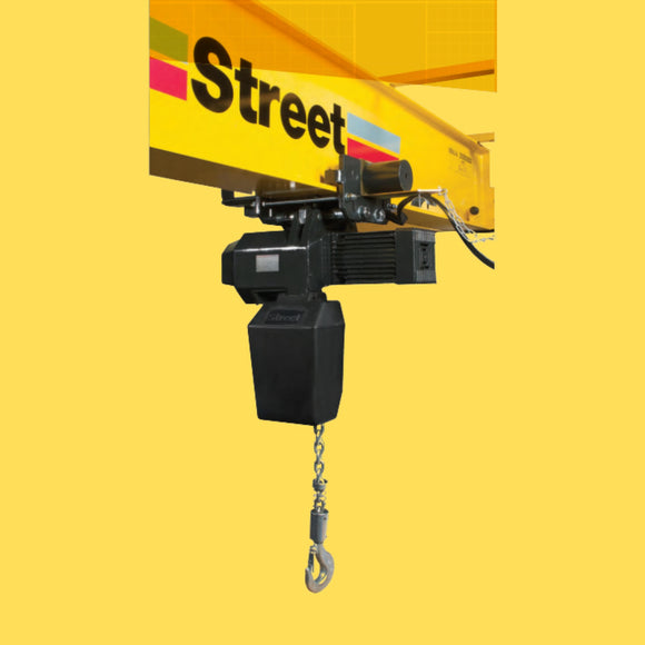 Model LX electric chain hoist by Street Crane - Made in the UK and stocked in Charleston, SC with a wide range of capacities and lifts, shown here with a motorized trolley suspension.