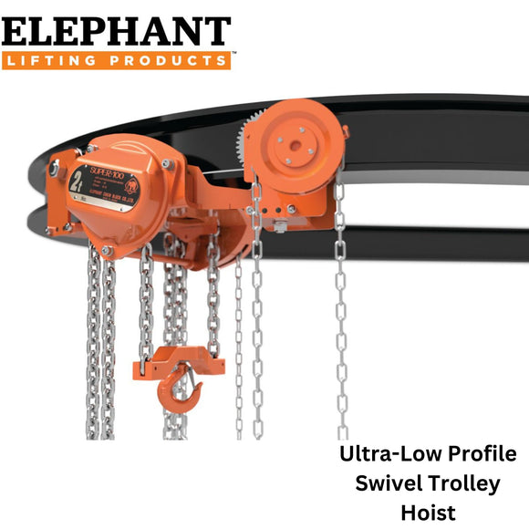 Elephant Lifting's ultra-low profile swivel trolley hoist is designed for industrial lifting while mounted on aggressivley curved track.