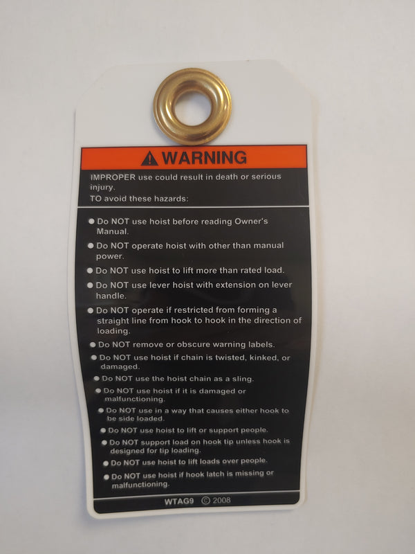 80146 Harrington Warning Tag - Manual Hoists - Bilingual