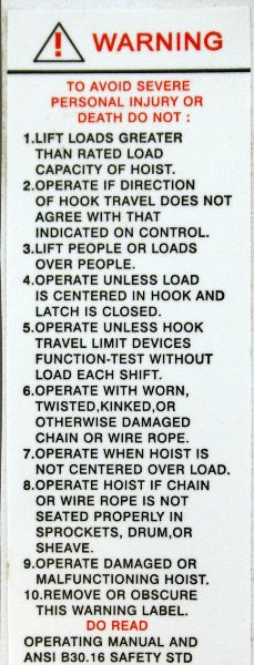 OSHA Safety Tags | Hoist Warning Labels | Overhead Hoist Parts & Tags ...